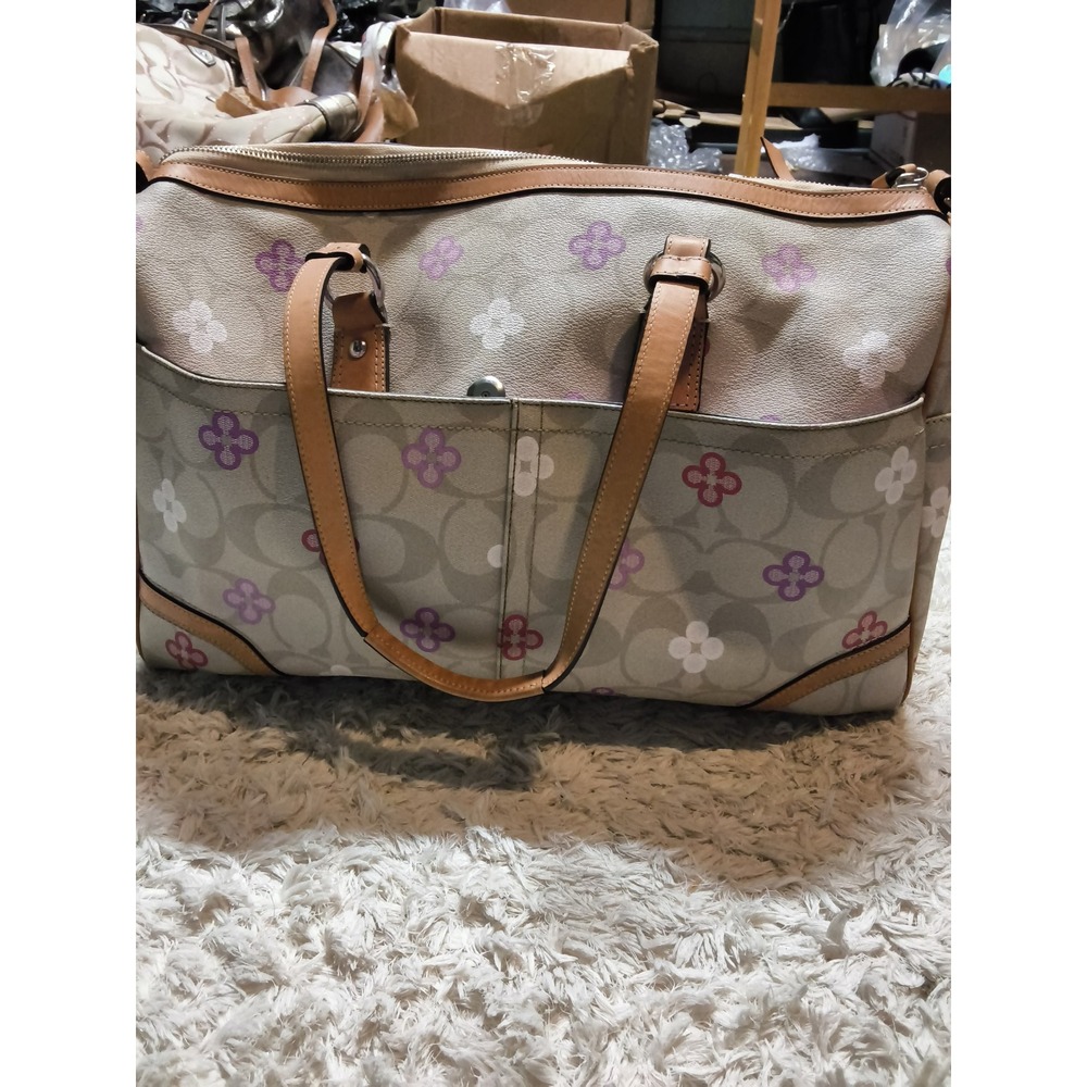 35.Coach Signature Floral Print Satchel Bag Khaki Purple Leather Trim F77377 - Picture 2 of 5